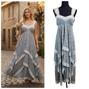 Gunne Sax Inspired Tiered Floral Maxi Dress Lace Romantic Prairie Style Small